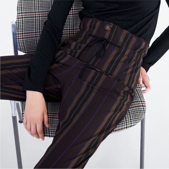ZARA| High waited draw string striped pants | size large - Picture 3 of 10
